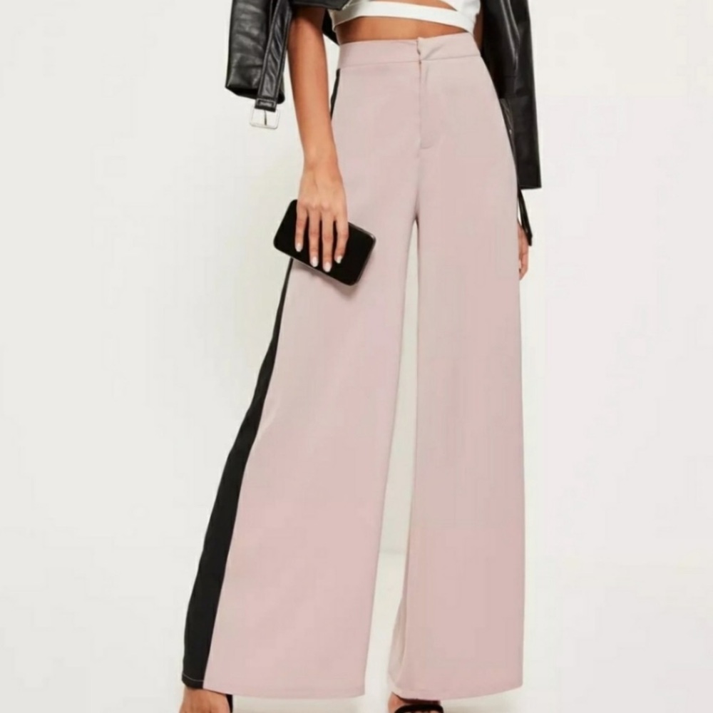 ASOS Beautiful Soft Pink Satin Tuxedo Wide Leg Pants w/ Black Side Trim Size 2 - Picture 6 of 7